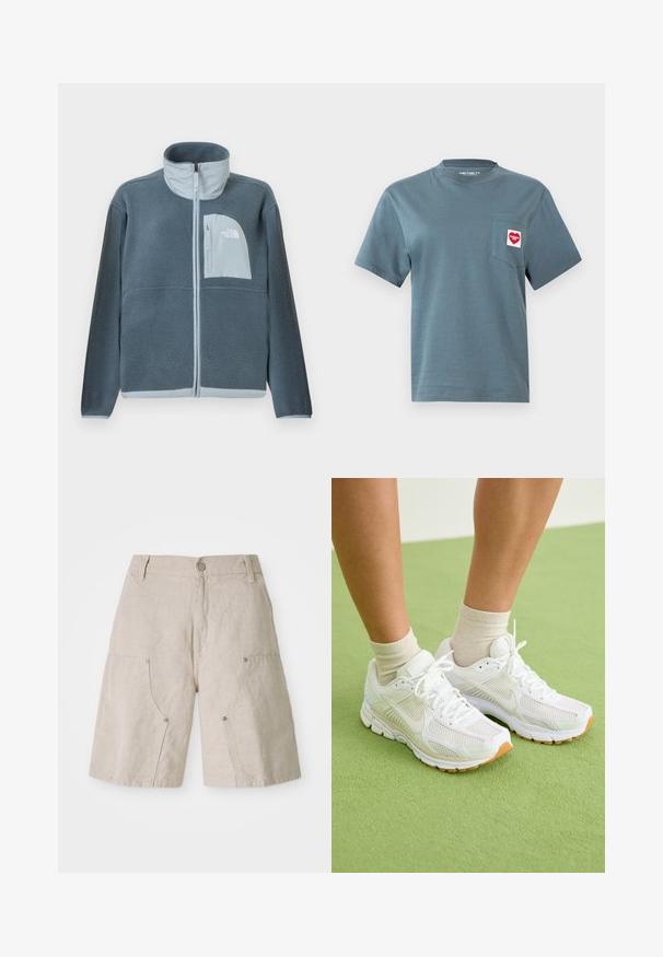 Hele sinine fliisjope, mis on varustatud täispikkuse esilukuga ja rinnataskuga, millel on paremal küljel The North Face'i logo.; Lühikeste varrukatega sinine T-särk ümmarguse kaelusega, vasakul rinnal taskuga, millega on kujutatud punane ja valge südamekujulise Carhartt WIP logoga.; Beez lina lühikesed püksid, millel on vabalt langev lõige, sisaldavad kahte eesmist taskut ja ümmargused metallekstrud. Igapäevane disain tekstuuriga viimistlusega.; Valged sportlikud kingad, millel on võrgukangas, kummist tallad ja beežid detailid. Kantud heledate sokkidega rohelisel pinnal.