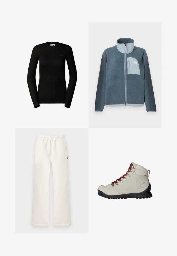 Lichtblauwe fleecejas met volledige ritssluiting aan de voorkant en een borstzakje met het The North Face-logo aan de rechterzijde.; The North Face W EASY L/S CREW NECK - Longsleeve - tnf black; Off-white broek met rechte pijpen en een elastische tailleband, met een klein rood stukje stof aan de rechterkant, weergegeven tegen een effen lichte achtergrond.; Beige wandelschoen met rode veters, metalen oogjes en een gestructureerd oppervlak. Heeft een stevige zwarte zool en een opvallend logo op de zijkant.