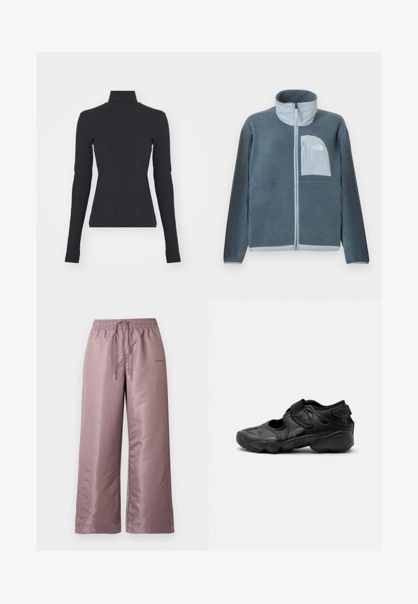 Lyseblå fleecetrøje med fuld lynlås foran og brystlomme med The North Face-logo på højre side.; Sort ribbet turtle neck bluse med lange ærmer, tætsiddende pasform, glat tekstur og subtil stræk, designet til komfort og lagdeling.; Lyserøde bukser med vide ben lavet af glat nylon. Har elastisk talje med snøre og branding på siden.; Sort atletisk sandal med lukket tå, velcro stropper ved mellemfoden og hælen samt tyk polstret sål markeret med "AIR" på siden.