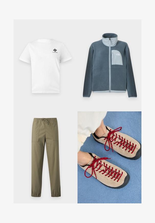 Veste en polaire bleu clair avec fermeture éclair complète à l'avant et poche poitrine arborant le logo The North Face sur le côté droit.; T-shirt blanc à manches courtes avec un petit logo Columbia noir sur le côté gauche de la poitrine, présenté sur un fond gris clair uni.; Pantalon vert olive en tissu lisse avec une ceinture élastique, un cordon de serrage ajustable et des poignets élastiques aux chevilles.; Des chaussures beiges avec des lacets rouges, posées sur une surface bleue texturée, révèlent partiellement la cheville d'une personne. Les chaussures ont un design sportif.