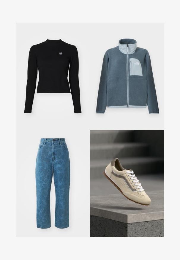 Lyseblå fleecetrøje med fuld lynlås foran og brystlomme med The North Face-logo på højre side.; Sort langærmet top med ribbet tekstur, høj hals og et lille broderet logo på venstre bryst. Har et tætsiddende cropped design.; Lyseblå denim jeans med en subtil mønstret struktur, høj talje og lige ben. Har en frontlukning med knap og lynlås.; Beige ruskindsneaker med hvide snørebånd og brun sål, der svæver over en grå betonopkant mod en sløret trapp baggrund.