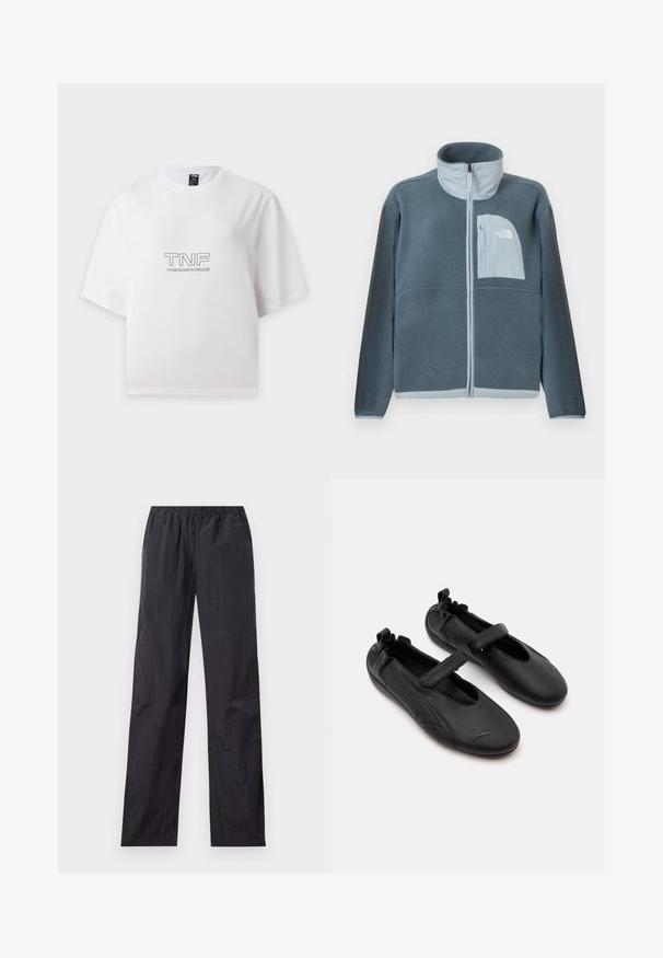 Veste en polaire bleu clair avec fermeture éclair complète à l'avant et poche poitrine arborant le logo The North Face sur le côté droit.; T-shirt blanc à manches courtes avec "TNF" et "THE NORTH FACE" imprimés en noir sur la poitrine, présenté à plat sur fond blanc.; Pantalon léger noir avec jambes droites, taille élastique et poches latérales, présenté à plat sur un fond clair.; Paire de chaussures en cuir noir style Mary Jane avec arrière élastiqué et bride velcro, avec un logo Puma discret sur chaque orteil.