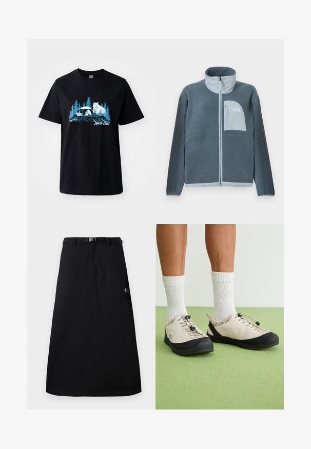 Hele sinine fliisjope, mis on varustatud täispikkuse esilukuga ja rinnataskuga, millel on paremal küljel The North Face'i logo.; Mustalane puuvillane t-särk, mille esiküljel on sinine graafika karust ja pandast puude taustal. Lühikesed varrukad ja ümmargune kaelus.; Must must midi seelik reguleeritava vöökohaga vööga ja The North Face'i logo paremal küljel.; Bežid jalanõud mustade aktsentidega, niisked külgpaneelid ja kindel paela klamber. Paksud kummitaldad mustrilise tallaga. Kanda valgete sokkide abil.