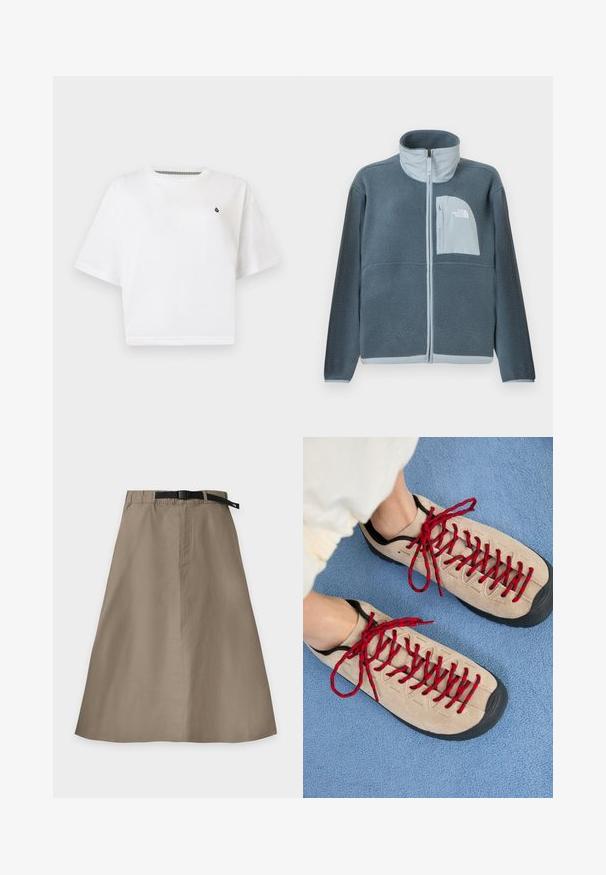 Veste en polaire bleu clair avec fermeture éclair complète à l'avant et poche poitrine arborant le logo The North Face sur le côté droit.; T-shirt blanc court à manches courtes avec petit logo noir sur le côté gauche de la poitrine, encolure ronde, coupe décontractée sur fond uni.; Jupe beige trapèze avec une ceinture noire réglable intégrée et une couture avant visible, posée à plat sur un fond blanc.; Des chaussures beiges avec des lacets rouges, posées sur une surface bleue texturée, révèlent partiellement la cheville d'une personne. Les chaussures ont un design sportif.