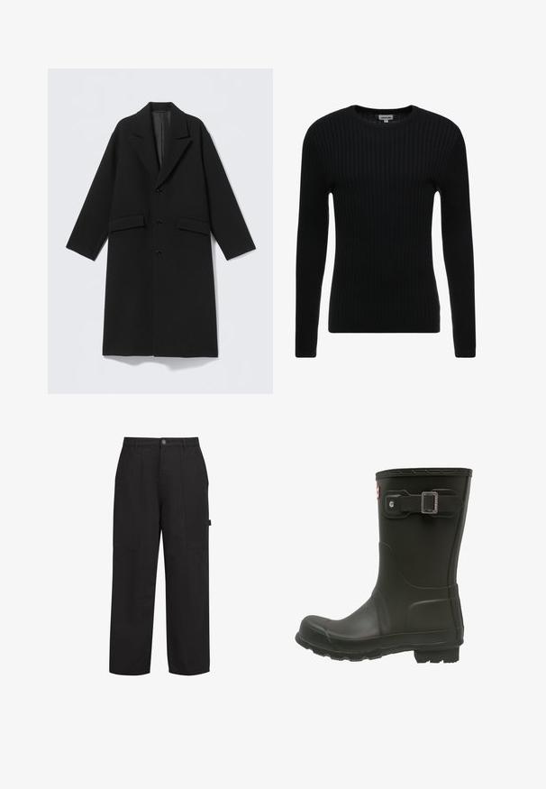 Manteau long en laine noire avec revers crantés, trois boutons sur le devant et deux poches à rabat, présenté à plat sur un fond clair.; Pull noir à manches longues en côte avec un col rond ; le tissu texturé présente des lignes verticales ; silhouette ajustée ; sans embellissements ni accents visibles.; Pantalons en coton noir avec une coupe relaxée, dotés de deux poches avant, d'une fermeture éclair et d'un bouton avant visible. Texture lisse, design à jambes droites.; Botte de pluie en caoutchouc noir avec un bout arrondi, une sangle boucle au-dessus et une semelle texturée pour une meilleure adhérence.