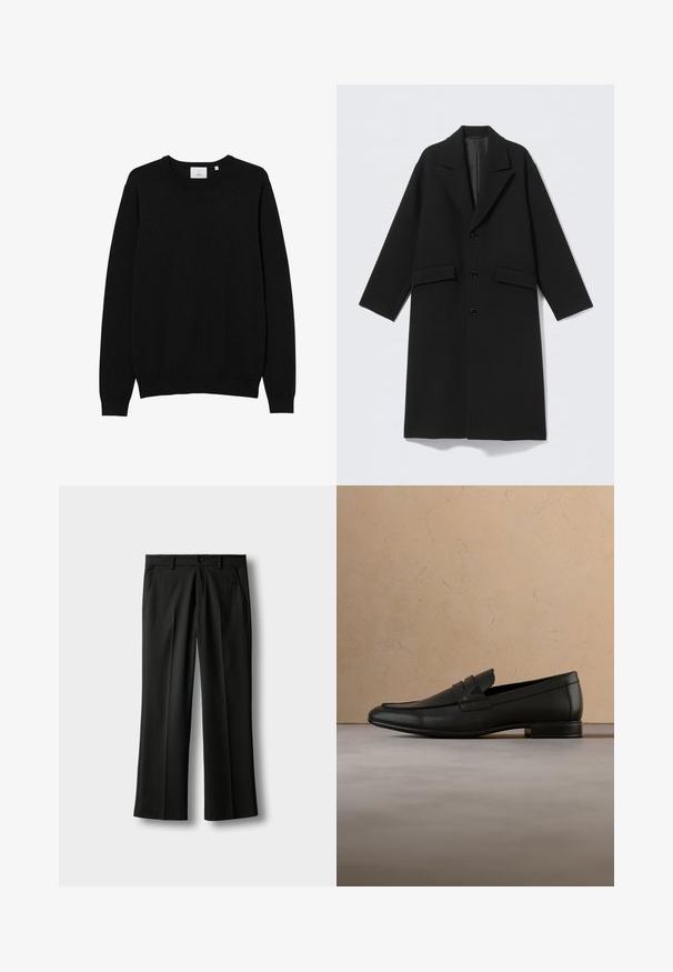 Sort lang uldfrakke med ridsede reverser, tre knapper foran og to lommer med klap, vist fladt på en lys baggrund.; Sort crew-neck sweater lavet af et glat strikket stof. Har lange ærmer samt ribbede manchetter og kant. Simpelt, ensfarvet design uden mønstre.; Sorte skræddersyede bukser med bæltestropper, forreste knap- og lynlåsbeslag, sidelommer og presninger ned langs benene på en lys baggrund.; Sort læderloafer svæver over beige tæppe med beige sofa i et minimalistisk indendørsmiljø.