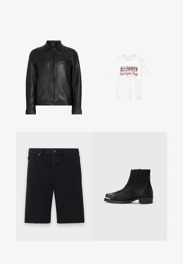 Musthave nahkavest, millel on kraega kaelus, kaks lukuga rindkotti, külje taskud ja sile, tekstuuriga viimistlus. Ees on lukuga sulgemine.; Valge lühikeste varrukatega T-särk, mille ees on kihiline tekst: mustas ja hallis "ALLSAINTS" ning punase kursiivkirjaga "Analogue Days".; Mustadest denimist lühikesed püksid sirge lõikega, viie taskuga, metallist detailidega ja nähtava õmblusega. Pehme tekstuur ja lihtne disain.; Mustad mustekuklaga jalanõud, millel on sametist ja nahast materjalid, ümar varvas, väike konts, hõbedane metalline aksent varvaste peal ja elastsed külgpaneelid.