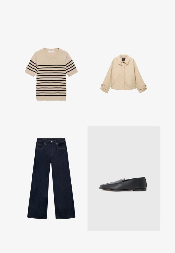 Beige cropped jacket met een ronde kraag, twee voorzakken en knoopmanchetten. Gemaakt van een zachte, lichtgewicht stof.; Beige trui met korte mouwen en zwarte horizontale strepen, ronde halslijn en gebreide textuur. Eenvoudig, klassiek ontwerp zonder extra accenten.; Donkerblauwe denim wijde jeans met een hoge taille, voorzien van vijf zakken, metalen knoopsluiting en zichtbare stikselaccenten.; Zwarte leren loafers met een gladde textuur, een afgeronde neus en subtiele stiksel details. Voorzien van een gouden logomerk aan de bovenzijde.