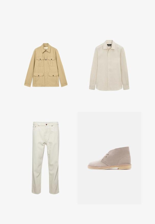 Beige letvægtsjakke med fire lommer med knapper og klap, lange ærmer og en spids krave.; Beige skjorte med lange ærmer, knapper foran, klassisk krave, knappede manchetter og en let buet kant.; Beige bomuldsbukser med lige snit, fem lommer, knaplukning og subtile syninger. Ensartet struktur uden synlige mønstre.; Beige ruskindsankelstøvle med to-huls snørebånd, crepe-sål og lav stakket hæl, vist fra siden på en ensfarvet baggrund.