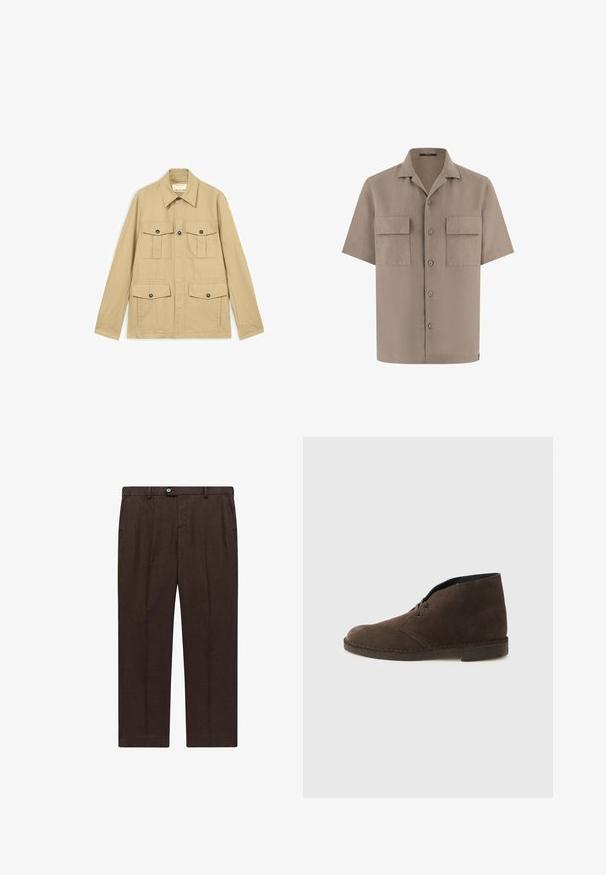 Beige letvægtsjakke med fire lommer med knapper og klap, lange ærmer og en spids krave.; Beige kortærmet skjorte med knapper, to frontlommer med klap og en spredt krave, vist på hvid baggrund.; Brune skræddersyede bukser lavet af letvægtsstof med lige ben, der har en frontlukning med knap og to sidelommer.; Brun ruskindsankelstøvle med to huller, lav hæl og syet sål på en ensartet lysegrå baggrund.