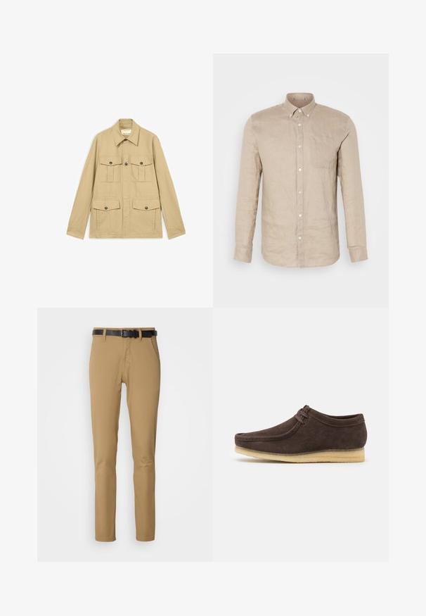Beige letvægtsjakke med fire lommer med knapper og klap, lange ærmer og en spids krave.; Beige linned button-up skjorte med lange ærmer, enkelt brystlomme og hvide knapper. Glat tekstur, afslappet pasform og spidse krave.; Khaki bukser med slim fit design, lavet af blødt stof. Har et sort bælte, to forlommer og en lige benpasform.; Brune ruskindsko med en glat overflade, rund tå og minimalistisk design. Har en lysgummisål og kontrastfarvet snøredetalje.