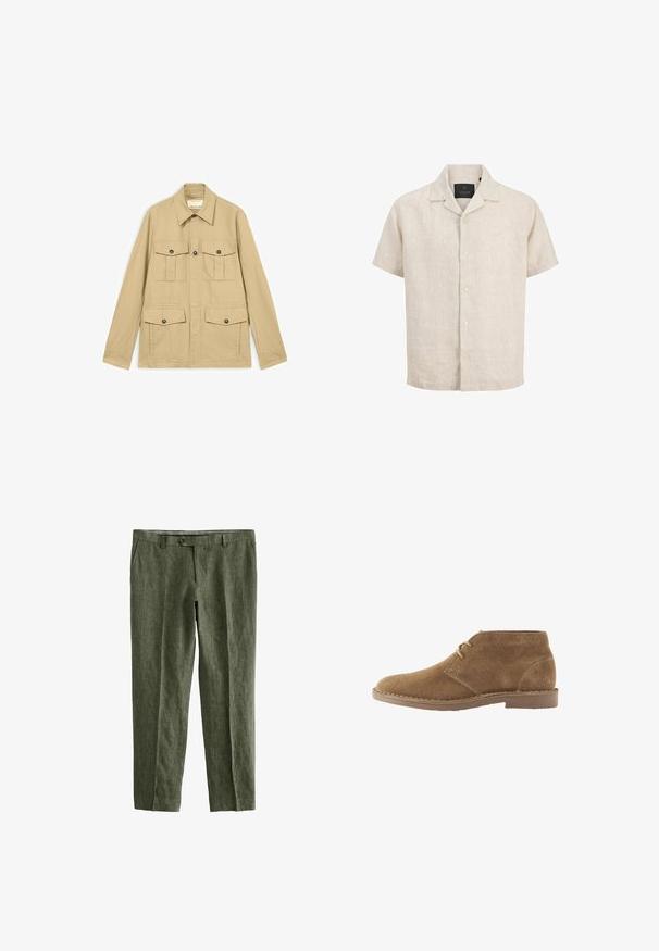 Chaqueta ligera beige con cuatro bolsillos con solapa abotonados, mangas largas y cuello puntiagudo.; Camisa beige de lino de manga corta con cuello campestre, botones delanteros y un corte relajado, mostrada sobre un fondo blanco.; Next SIGNATURE - REGULAR FIT - Pantalones - olive green; Zapato casual marrón de ante hasta el tobillo con dos ojales para cordones y suela cosida sobre fondo blanco, vista lateral.