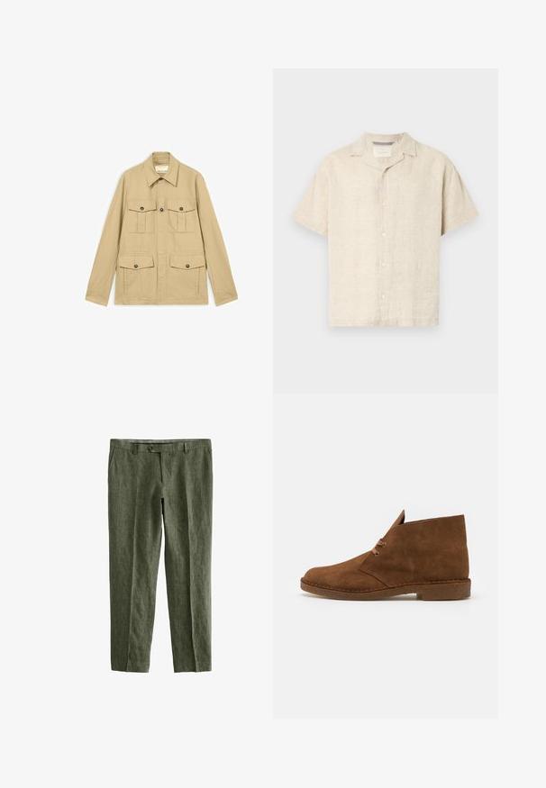Chaqueta ligera beige con cuatro bolsillos con solapa abotonados, mangas largas y cuello puntiagudo.; Camisa de lino de color beige claro, de manga corta y con botones, que presenta un cuello tipo camp, líneas limpias y una textura sutil, con cinco botones en la parte delantera.; Next SIGNATURE - REGULAR FIT - Pantalones - olive green; Botas de ante marrón hasta el tobillo con punta redondeada, costuras mínimas, una lengüeta corta y suela de goma para tracción.