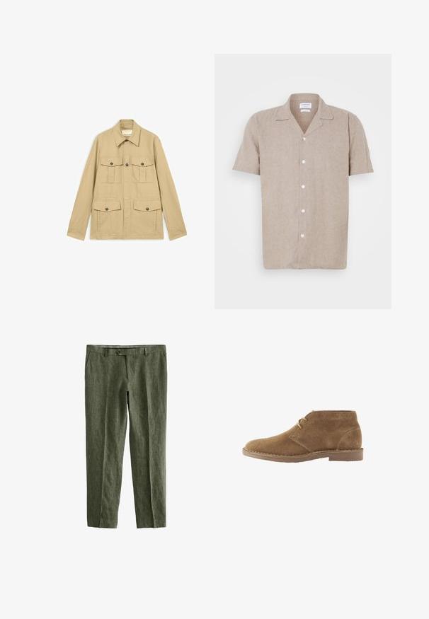Beige letvægtsjakke med fire lommer med knapper og klap, lange ærmer og en spids krave.; Kortærmet linnedskjorte i lys beige med en klippet krave og hvide knapper ned foran, med et glat, struktureret stof.; Next SIGNATURE - REGULAR FIT - Bukser - olive green; Brun ruskind ankelhøj afslappet sko med to snørehuller og syet sål på hvid baggrund, set fra siden.