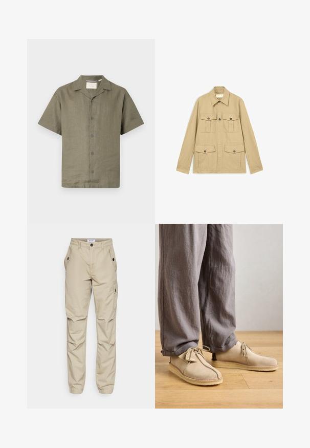 Beige lichtgewicht jas met vier opgestikte klepzakken met knopen, lange mouwen en een puntkraag.; Korte mouw shirt in olijfgroen linnen met een camp collar en zes bijpassende knopen aan de voorkant, met een relaxte pasvorm en gestructureerde stof.; Only & Sons ONSAVI WORK CARROT PANT - Cargobroek - chinchilla; Beige suède schoenen met een ronde neus, vetersluiting en gestikte accenten, gecombineerd met losse grijze linnen broek op een houten vloer.