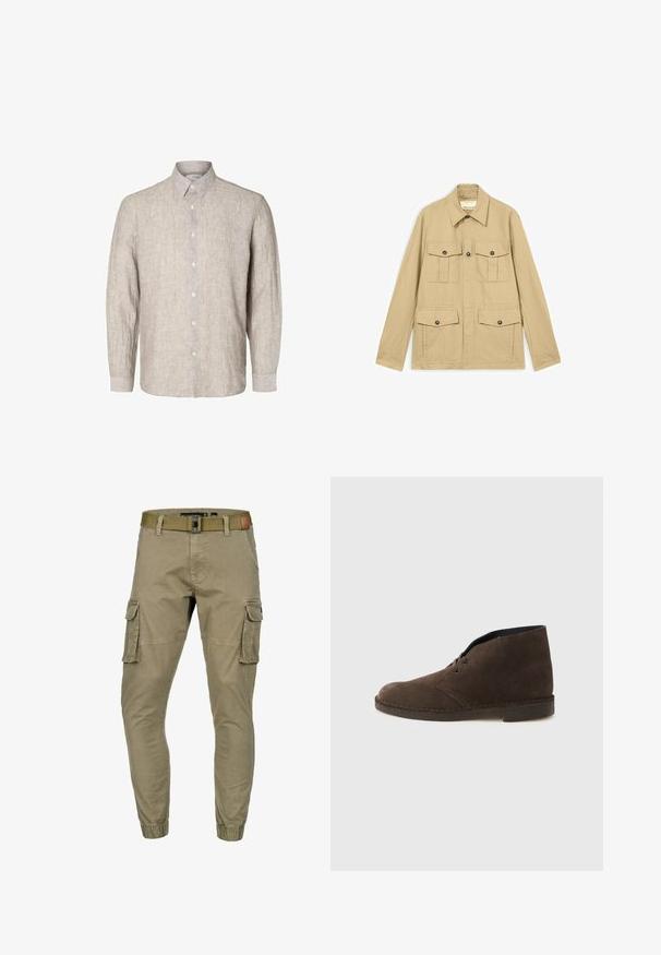Beige letvægtsjakke med fire lommer med knapper og klap, lange ærmer og en spids krave.; Lys grå linnedkjorte med lange ærmer, knap-ned krave og frontknapper. Tekstureret stof med et diskret mønster.; Beige cargobukser med elastiske manchetter, sidelommer med klap, forlommer og et olivengrønt stofbælte med metalspænde.; Brun ruskindsankelstøvle med to huller, lav hæl og syet sål på en ensartet lysegrå baggrund.