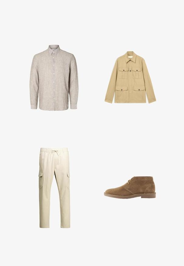 Beige letvægtsjakke med fire lommer med knapper og klap, lange ærmer og en spids krave.; Lys grå linnedkjorte med lange ærmer, knap-ned krave og frontknapper. Tekstureret stof med et diskret mønster.; Beige afslappede cargobukser med elastisk talje, snøre og klaplommer på begge ben, vist på hvid baggrund.; Brun ruskind ankelhøj afslappet sko med to snørehuller og syet sål på hvid baggrund, set fra siden.