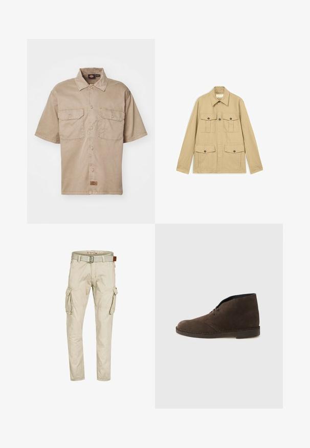 Chaqueta ligera beige con cuatro bolsillos con solapa abotonados, mangas largas y cuello puntiagudo.; Camisa de manga corta, color beige, de algodón, con cierre de botones en el frente, dos bolsillos en el pecho y una pequeña etiqueta de marca en la parte inferior.; Pantalones cargo beige con múltiples bolsillos con solapa, detalles cosidos en las rodillas y un cinturón de tela a juego con hebilla metálica.; Botín marrón de ante con dos ojales, tacón bajo y suela cosida sobre un fondo liso de color gris claro.