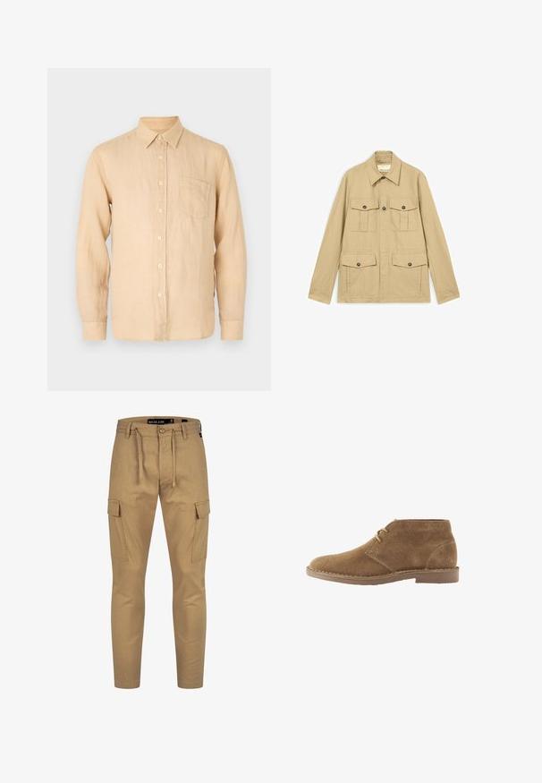 Beige letvægtsjakke med fire lommer med knapper og klap, lange ærmer og en spids krave.; Beige langærmet skjorte i linned med knapkrave, frontlomme og en glat, let struktureret overflade. Klassisk pasform og enkelt design.; Kaki cargo bukser med snøre i taljen, tætsiddende pasform og sidelommer; lavet af et let, tekstureret materiale.; Brun ruskind ankelhøj afslappet sko med to snørehuller og syet sål på hvid baggrund, set fra siden.
