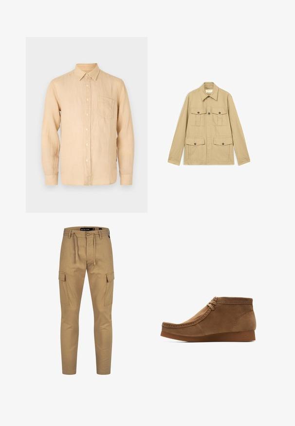 Beige letvægtsjakke med fire lommer med knapper og klap, lange ærmer og en spids krave.; Beige langærmet skjorte i linned med knapkrave, frontlomme og en glat, let struktureret overflade. Klassisk pasform og enkelt design.; Kaki cargo bukser med snøre i taljen, tætsiddende pasform og sidelommer; lavet af et let, tekstureret materiale.; Clarks WALLABEEEVO BT - G - Snørestøvletter - dark sand suede