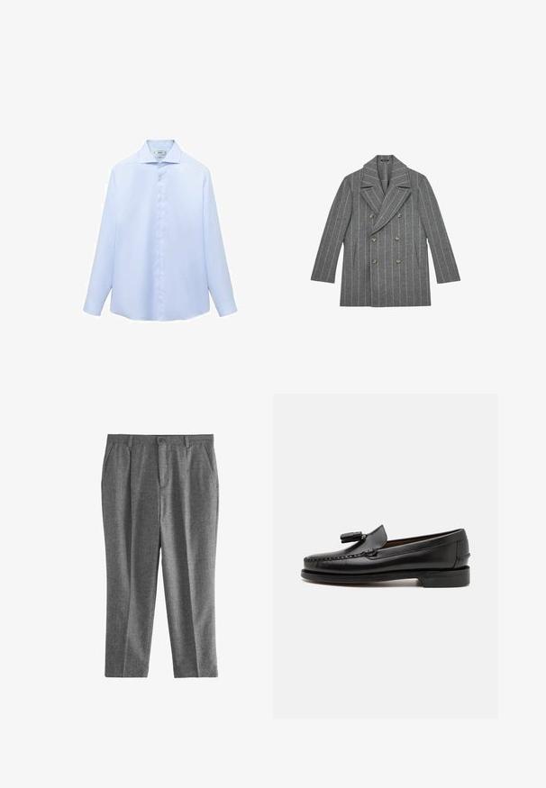 Abrigo gris de lana de doble botonadura con cuello de muesca, rayas verticales blancas, bolsillos laterales y cierre frontal de seis botones.; Camisa de manga larga azul clara en un tejido suave, con cuello puntiagudo y botonera completa con botones blancos. Sin estampados ni acentos.; Pantalones grises de tejido texturizado, con un diseño de pierna recta, dos bolsillos frontales y un cierre de un solo botón.; Mocasines de cuero negro con costuras de mocasín, punta redonda y acento de borlas. Tacón plano con una textura suave, diseñados para uso casual.