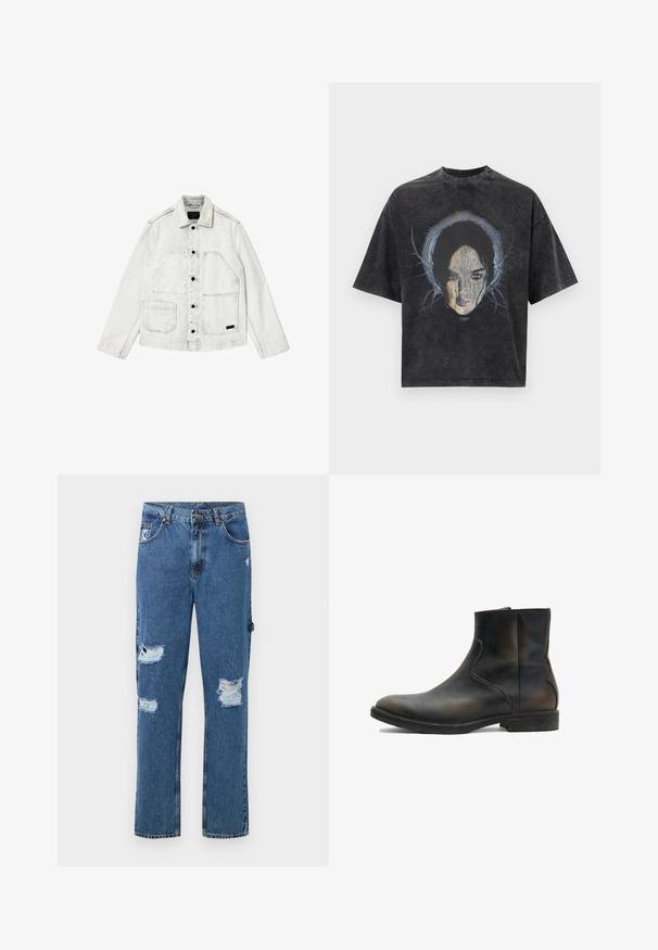 Lysegrå denimjakke med sorte knapper, to store forlommer, en mindre lomme og en krave.; Overdimensioneret mørkegrå T-shirt med grafik af en kvindes ansigt og abstrakte blå linjer omkring hendes hoved.; Blå denimjeans med slidte lapper på begge ben, fem-lomme design, knaplukning og bæltestropper.; AllSaints LANG - Støvletter - brown