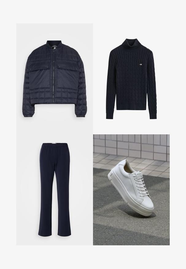 Námořnická puffa bunda s croppovaným designem, s vodorovnými prošívanými panely, žebrovaným límcem, zipovým zapínáním a dvěma předními klopovými kapsami.; Čierny rolákový sveter s vrkočovým vzorom, dlhými rukávmi a malým vyšitým logom na ľavej strane hrudníka.; Tmavomodré nohavice rovného strihu z elastickej látky s elastickým pásom a dvoma prednými vreckami. Hladká textúra, bez viditeľných vzorov.; Biele kožené tenisky s nízkym strihom, plochými šnúrkami, zaoblenou špicou a textúrovanými stranami. Hrubá gumová podrážka s jemnými akcentmi.