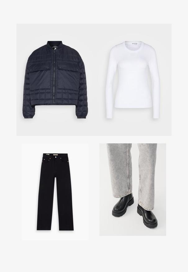 Marineblauer Pufferjacke mit cropped Design, ausgestattet mit horizontalen gesteppten Paneelen, rippendem Kragen, Reißverschluss und zwei vorderen Klappentaschen.; Selected SLFDIANNA O NECK - Langarmshirt - bright white; Schwarze Denim-Jeans mit geradem Schnitt, fünf Taschen, Kupferbeschlägen und einer glatten Textur. Zwei Etiketten sind am Bund sichtbar.; Vagabond COSMO - Plateaustiefelette - black
