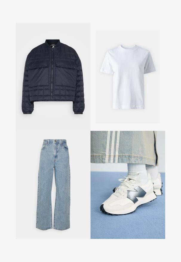 Marineblå pufferjakke med en cropped design, der har vandrette quiltede paneler, ribbet krave, lynlås lukning og to frontlommer med flap.; Hvid bomulds t-shirt med rund halsudskæring, korte ærmer, lige snit og glat tekstur. Ingen mønstre eller dekorationer.; Lyseblå vidde denimjeans med høj talje, frontknap, lynlås og femlomme-design på ensfarvet baggrund.; Hvide sportsko med sølvdetaljer, tekstureret stof og glat læder; med en sort gummisål og snørebånd.