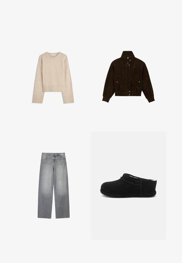 Veste bomber en daim marron foncé avec col montant, fermeture éclair devant, boutons-pression, deux poches à boutons et poignets et ourlet côtelés.; Pull en beige court en tricot doux. Présente un col rond, des manches longues et des bords-côtes aux poignets et à l'ourlet pour une texture supplémentaire.; Jean en denim gris à jambes larges avec une finition légèrement décolorée, doté de cinq poches, d'une fermeture à bouton à l'avant et de passants de ceinture.; Chausson en daim noir à enfiler avec un petit talon, bout arrondi et doublure intérieure douce visible à l'ouverture, vue latérale.
