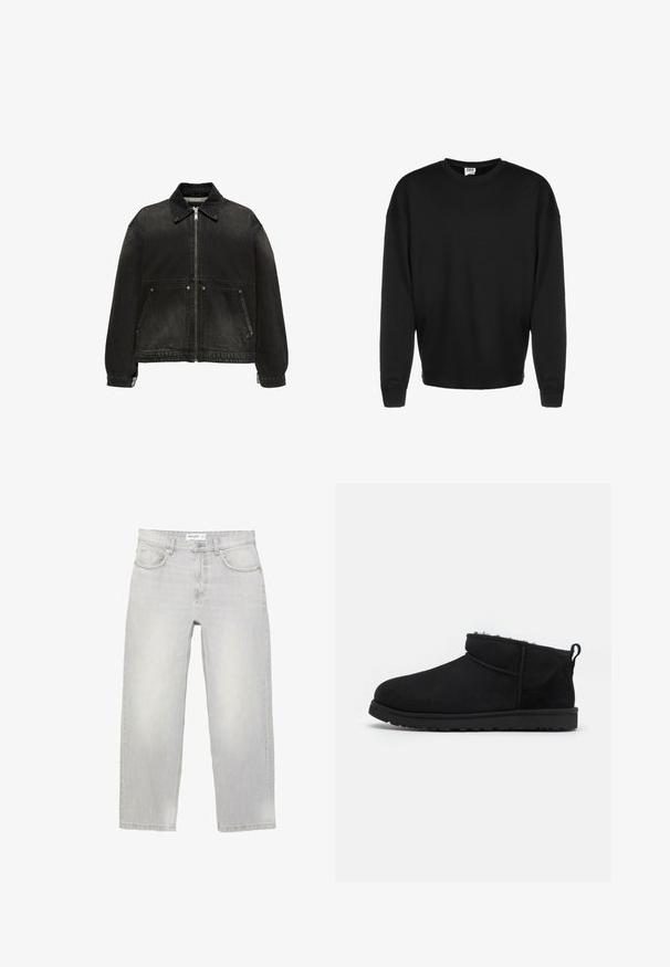 Zwarte spijkerjas met ritssluiting aan de voorkant, twee schuine zakken met knopen, lange mouwen en een klassieke kraag.; Zwarte lange mouw crewneck sweatshirt met geribbelde manchetten en een relaxte pasvorm, tentoongesteld tegen een witte achtergrond.; Lichtgrijze spijkerbroek met een ontspannen pasvorm, voorzien van vijf zakken, een standaard tailleband en subtiele vervaging door de hele stof.; Zwarte suède enkellaarsjes met een zachte, gestructureerde voering, een lage rubberen zool en een lus aan de achterkant voor gemakkelijk aantrekken.