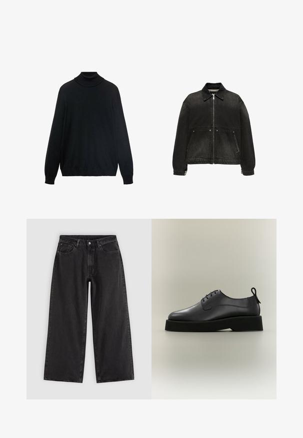 Sort denimjakke med forlynlås, to skrå lommer med knapper, lange ærmer og en klassisk krave.; Sort turtleneck sweater med en tætsiddende krave, lange ærmer og ribbede manchetter og kant. Lavet af blødt, strækbart stof med en glat tekstur.; Sorte denim jeans med vide ben, forlommer, bæltestropper og knaplukning, vist på en ensfarvet lys baggrund.; Sort læder snørestøvle med tyk sål og trækstrop bagpå, vist i sideprofil på en neutral baggrund.