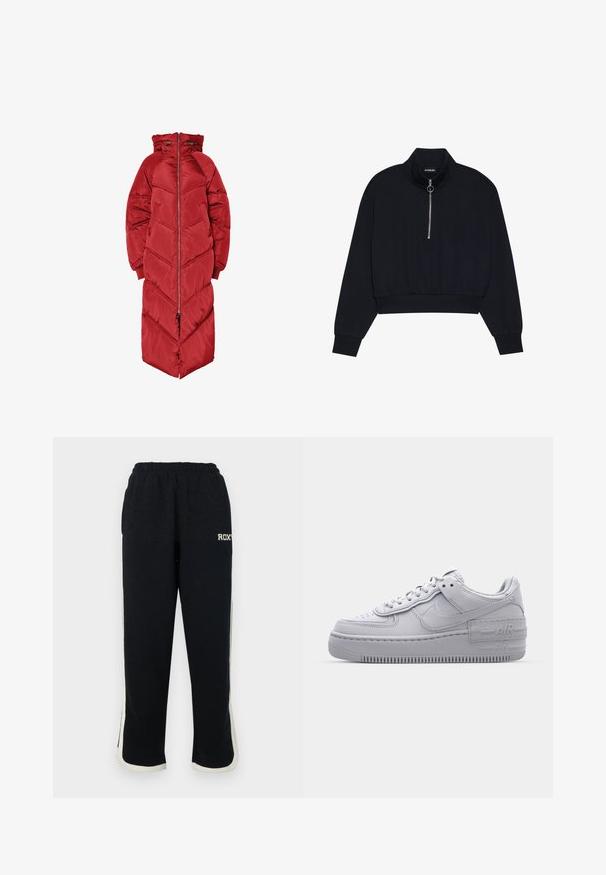 Pikk punane paks jakk kapuutsiga, esitasku lukuga, chevron mustriga õmblusega ja elastsete varrukaotstega. Valmistatud läikivast, isoleeritud materjalist.; Must musta kinnine pullover pehmest kangast, millel on kõrge kaelus, esi lukuga, millel on hõbedane tõmblukk, ja soonikkoes mansetid ning äär.; Mustad mustad püksid elastse vöökohtaga, valged külgtriibud ja väike logo esiosas. Valmistatud pehmest, tekstureeritud kangast.; Hallitus hallid Nike Air Force 1 sneakerid, millel on augustatud varvas, siledast nahast ülemine osa, paks tall ning reljeefne 'AIR' detail kontsapadjal.