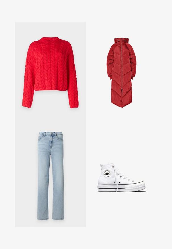 Lang rød dunjakke med hætte, der har en lynlås foran, chevron-quilting og elastiske manchetter. Fremstillet af et skinnende, isoleret materiale.; Rød kabelstrikket sweater med høj hals, lange ærmer og cropped kant. Tyk tekstur med hævede, sammenflettede mønstre overalt.; Lyseblå denimjeans med lige ben, klassisk fem-lomme design og knap- og lynlåslukning i taljen.; Hvid højtop Converse Chuck Taylor All Star-sneaker med sort logo-patch og hvide snørebånd, vist på hvid baggrund.