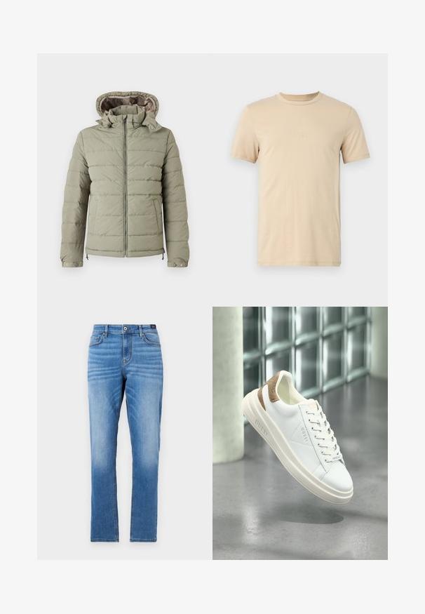 Lys grøn pufferjakke med hætte, lynlås lukning og sidelommer. Har kviltet tekstur og justerbare manchetter med trykknapper.; Beige bomulds T-shirt med korteærmer, rund halsudskæring og præget LOGO tekst på forsiden. Glat tekstur og standard pasform.; Lyseblå denim jeans med lige pasform, fem-lomme design, knaplukning foran og diskret falmning på lårene.; Hvide lædersneakers med beige mønstret accent på hælen, glat tekstur, snørebåndsdesign og prægede branding på siden.