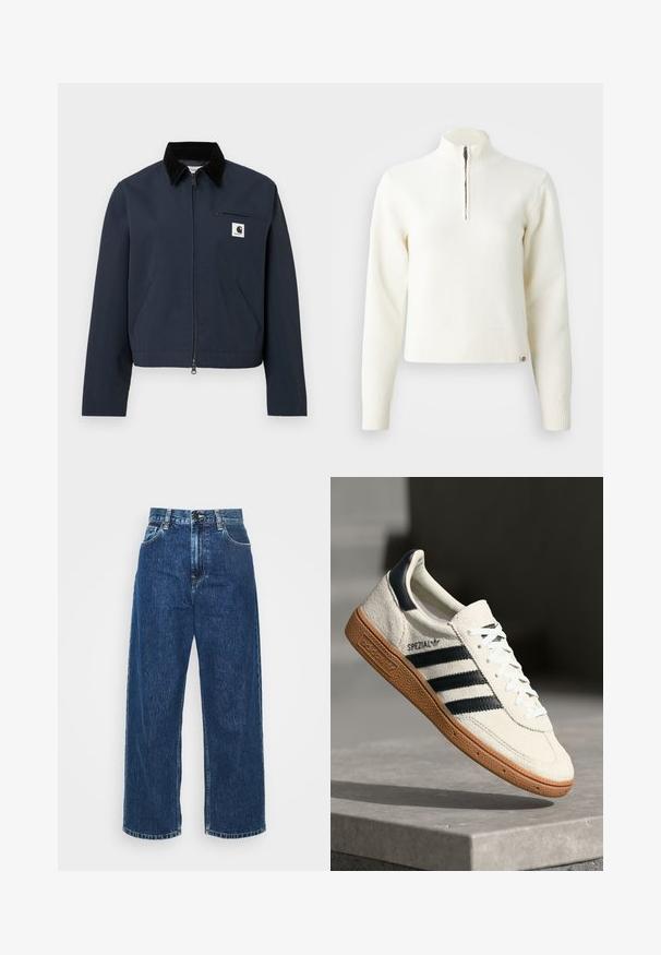 Marineblå lynlåsjakke med sort krave, to frontlommer, brystlomme med lynlås, og hvid firkantet logo-patch på brystet.; Hvid, sweater med lynlås ved halsen og lange ærmer. Lavet af et blødt strikmateriale, med ribbede manchetter og kant. Diskret mærke-logo ved kanten.; Lysblå denim brede ben jeans med høj talje, synlig syning og standard lommer. Har en knap- og lynlåslukning.; Hvide ruskinds sneakers med marineblå striber, gummisål, struktureret overdel, rund tå og snøring; har branding på siden og tungen.