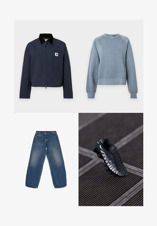 Marineblå lynlåsjakke med sort krave, to frontlommer, brystlomme med lynlås, og hvid firkantet logo-patch på brystet.; Blå bomulds sweatshirts med rund hals, ribbede manchetter og kant. Har en afslappet pasform og raglanærmer, med en blød tekstur for komfort.; Videbenede denim jeans i mellemblå, med en falmet vask, klassisk fem-lomme design og holdbar syning ved kanten.; Sort atletisk sko med tekstureret mesh-overdel, sølv accenter, svangstøtte og polstret sål med en fremtrædende segmenteret design.
