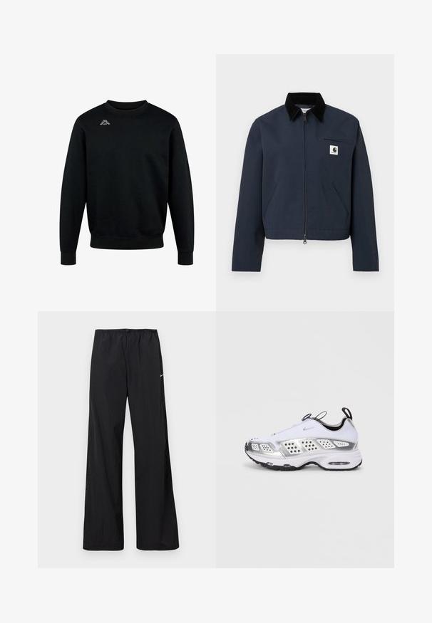 Veste zippée bleu marine avec col noir, deux poches avant, poche zippée sur la poitrine et écusson logo blanc en carré sur la poitrine.; Sweat-shirt noir à col rond, manches longues, avec un petit logo blanc Kappa sur le haut gauche de la poitrine.; Pantalon de sport noir ample avec taille élastique et petit logo Nike blanc sur la cuisse gauche, présenté sur un fond blanc.; Chaussure de sport blanche avec des accents argentés, tige en maille et synthétique, amorti à air, perforations pour la respirabilité et semelle extérieure en caoutchouc.