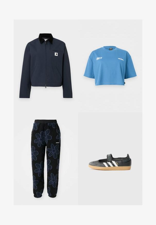 Donkerblauwe ritsjack met zwarte kraag, twee voorkruim pockets, borstzak met rits en witte vierkante logopatch op de borst.; Blauw cropped sportshirt met korte mouwen, ronde hals en kleine witte vlam- en vleugel-logo's op de voorkant van de borst.; Fleece joggers met een zwarte achtergrond en een donkerblauw bloemenpatroon. Voorzien van een elastische tailleband en zijzakken. Zachte textuur.; Zwarte leren en suède sneaker met een klittenbandsluiting, voorzien van drie witte strepen en een gumzool, met de naam "SAMBA" aan de zijkant.