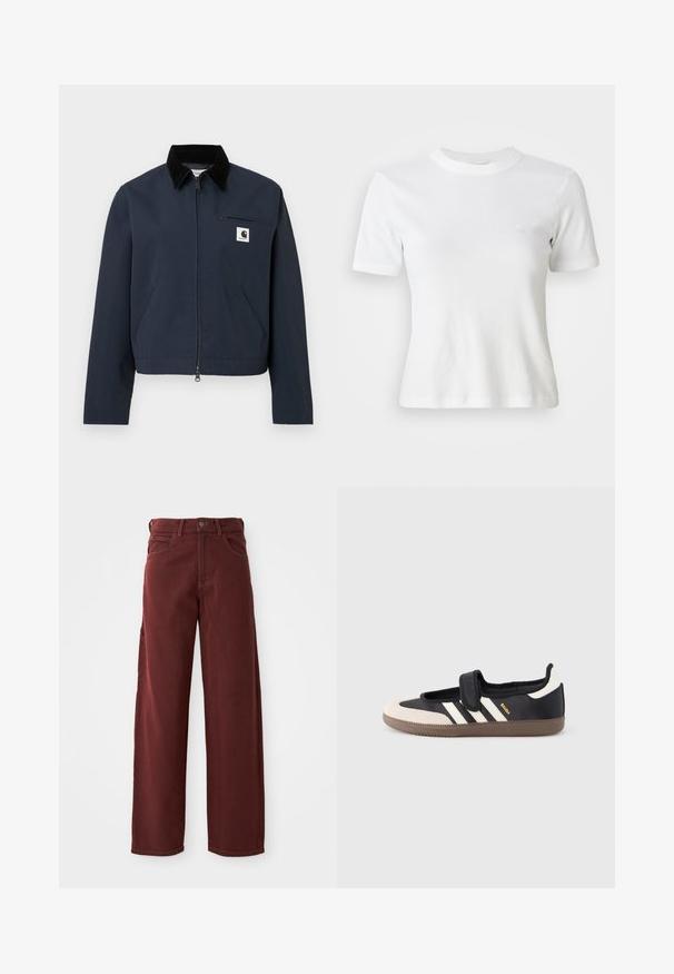 Chaqueta de cremallera azul marino con cuello negro, dos bolsillos frontales, bolsillo con cremallera en el pecho y parche de logo cuadrado blanco en el pecho.; Camiseta blanca de manga corta con canalé, escote redondo y un pequeño logo en el pecho. Fabricada con una tela suave y con un diseño ajustado.; Pantalones de pierna ancha color marrón hechos de algodón con una textura suave, que cuentan con un cierre frontal de botón, trabillas para cinturón y múltiples bolsillos.; Zapatilla negra y beige con una correa de velcro, tres rayas blancas en el lateral y una suela de goma marrón texturizada. Logotipo de la marca visible.
