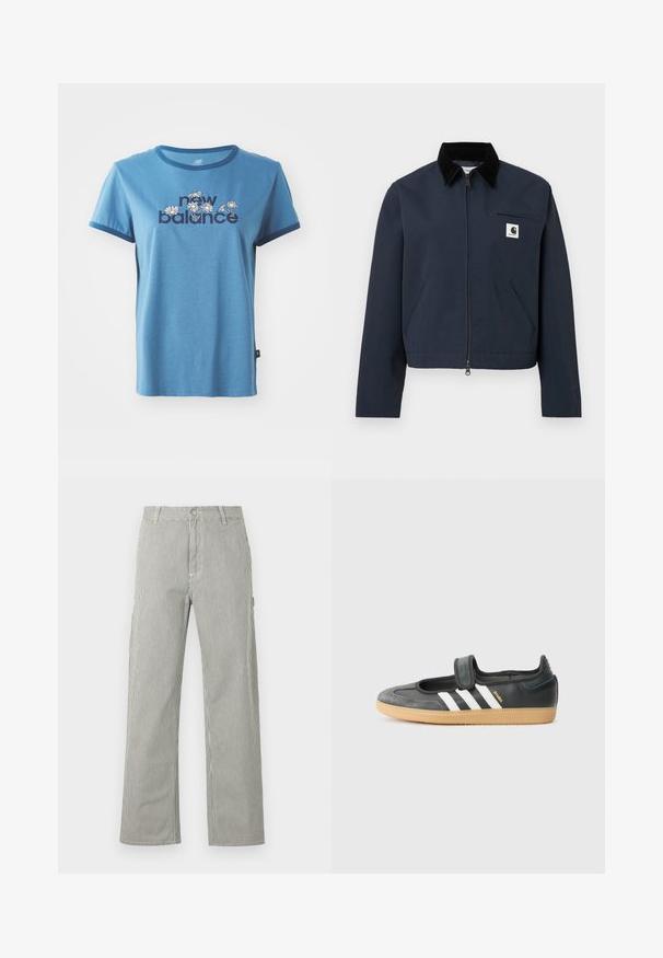 Donkerblauwe ritsjack met zwarte kraag, twee voorkruim pockets, borstzak met rits en witte vierkante logopatch op de borst.; Blauwe katoenen t-shirt met korte mouwen, marineblauwe afwerking, met "new balance" tekst en bloemenontwerpen in het wit en geel op de voorkant.; Herenbroek met rechte pijpen en dunne verticale zwart-witte strepen, met knoopsluiting, riemlussen en zijzakken.; Zwarte leren en suède sneaker met een klittenbandsluiting, voorzien van drie witte strepen en een gumzool, met de naam "SAMBA" aan de zijkant.