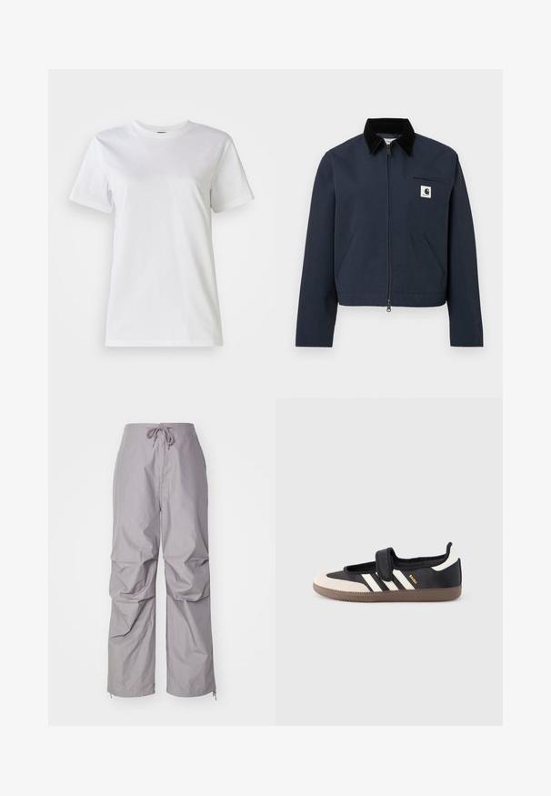 Veste zippée bleu marine avec col noir, deux poches avant, poche zippée sur la poitrine et écusson logo blanc en carré sur la poitrine.; T-shirt en coton blanc avec un col rond et des manches courtes. Le tissu est lisse avec une texture douce et sans motifs ni accents visibles.; Pantalons gris amples en tissu léger, dotés d'une taille à cordon de serrage et de bas resserrés avec des zippers. Fini texturé.; Baskets noires et beiges avec une bride en velcro, trois bandes blanches sur le côté, et une semelle en caoutchouc marron texturée. Logo de la marque visible.