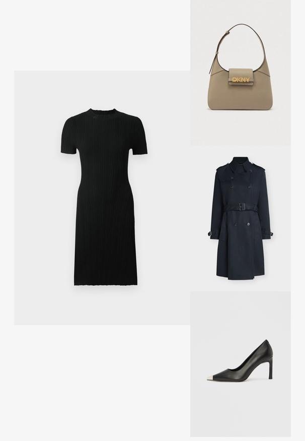 Sort dobbeltradet trenchcoat med bælte, skulderklapper og spænder på manchetterne, vist på hvid baggrund.; Sort ribbet kjole med korte ærmer, rund neckline, tætsiddende silhuet og knælang. Fremstillet af tekstureret stof med lodrette linjer.; Sort læder højhælet sko med spids tå og metal-sølv hætte. Har en glat finish og en slank hæl på 10 cm.; Beige skuldertaske med en struktureret form, der har et gyldent DKNY-logo, glat tekstur og en enkelt justerbar strop.