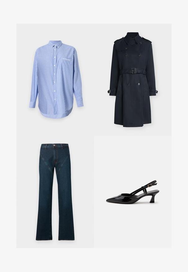 Μαύρο διπλόμπουκο παλτό τύπου trench coat με ζώνη, επιβραχιόνια στους ώμους και λουριά με αγκράφες στα μανίκια, εμφανίζεται σε λευκό φόντο.; Μπλε και λευκή ριγέ πουκάμισο με κολάρο, μακριά μανίκια και μπροστινή τσέπη. Φτιαγμένο από ελαφρύ ύφασμα με απαλό υφή.; Σκούρο μπλε τζιν με καμπάνα, κατασκευασμένο από denim, με ψηλή μέση, αντιθετική ραφή και μοναδικό σχεδιασμό μπροστινής τσέπης με κλίση.; Μαύρο γυαλιστερό δερμάτινο πέδιλο με χαμηλό τακούνι, μυτερή μύτη και ρυθμιζόμενο χρυσό λουράκι σε λευκό φόντο.