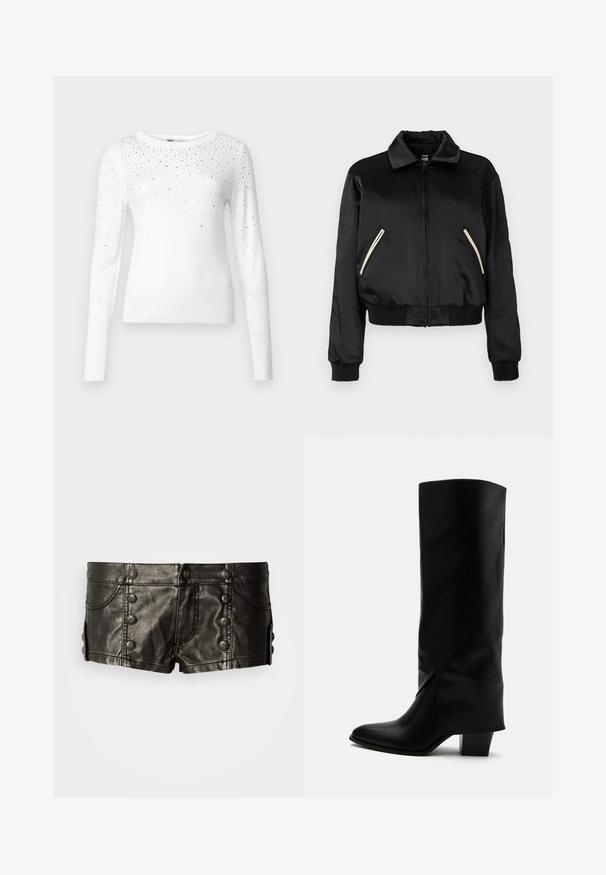 Sort satin bomberjakke med ribbet kant, der har to sidelommer med kontrasterende hvide lynlåse og et klassisk kravedesign.; ONLY Knitted ONLSOLITA Knitted - Striktrøje - cloud dancer; Sorte lavtaljede lædershorts med dekorative metalknapper foran og på siderne, med forlommer og syningsdetaljer.; Høj sort læderstøvle med skråt syning, spids tå og kraftig mellemhøj hæl på hvid baggrund.