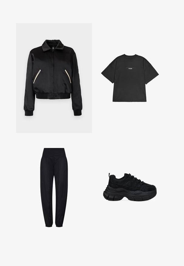 Chaqueta bomber de satén negra con dobladillo acanalado, que presenta dos bolsillos laterales con cremalleras blancas en contraste y un diseño de cuello clásico.; Camiseta de algodón negra con corte oversize, cuello redondo tipo crew, mangas cortas y sutil bordado en la parte delantera que presenta "PEGADOR" y "PGDR."; Pantalones negros de tiro alto con cintura fruncida y puños elásticos recogidos, ajuste suelto en las caderas y piernas estrechas.; Zapatillas deportivas negras con parte superior texturizada, diseño elegante, suela acolchada y cordones elásticos. Destacan por su suela exterior de goma gruesa y estratificada.