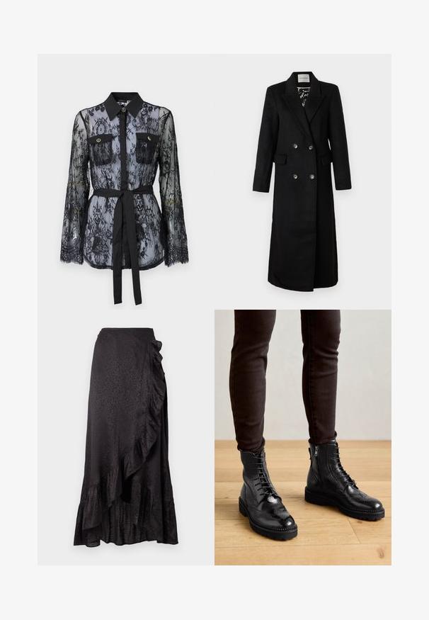 Zwarte dubbele-breasted jas van gladde stof, met notch-lapels, twee zakken en zilveren ronde knopen.; Zwarte kanten blouse met lange mouwen, knoopzakken op de borst, een klassieke kraag en een stoffen riem die op de taille is gestrikt. Doorzichtige uitstraling.; Zwarte satijnen rok met een rimpelige zoom en zijdelingse details. Getextureerd luipaardpatroon voegt visuele aantrekkingskracht toe. Lange, vloeiende silhoutte.; Zwarte leren enkellaarsjes met brogue-details, een vetersluiting aan de voorkant, ritsen aan de zijkant en gestructureerde rubberen zolen. Gecombineerd met donkere slim-fit broek.