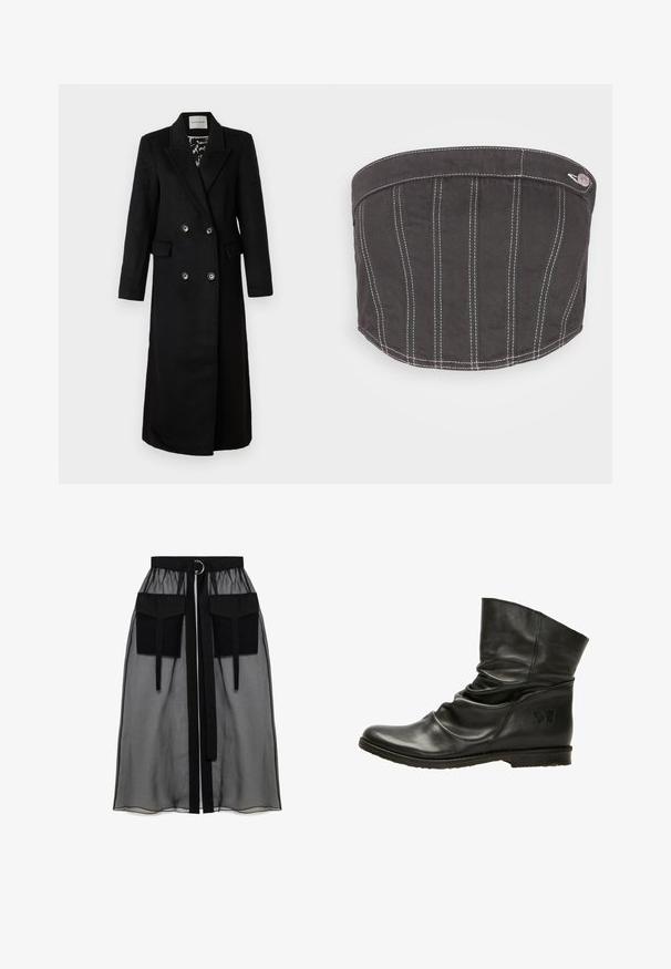 Zwarte dubbele-breasted jas van gladde stof, met notch-lapels, twee zakken en zilveren ronde knopen.; NA-KD CONTRAST STITCHING CORSET - Top - dark grey; Zwarte doorschijnende rok met een verzameld tailleband, voorzien van twee grote voorzakken, een tailleband met strik en een ronde metalen accent.; Zwarte leren enkelboot met een slouch ontwerp, ronde neus en platte zool. Kenmerkt zich door een subtiele vlinderlogo aan de zijkant. Gladde textuur.