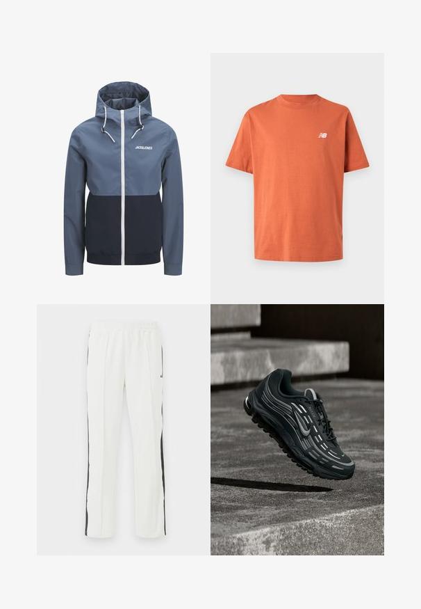 Kahvatupois kapuutsiga jope sinist ja tumesinist värvi, esiküljel tõmblukk, reguleeritavad nöörid ning valge "JACK&JONES" logo rinnal.; Oranžist puuvillane t-särk, millel on ümmargune kaelus, lühikesed varrukad ja vasakul rinnal väike valge logo. Sile ja kerge tekstuur.; Valged spordipüksid elastse vöökohaga, mustade külgtriipudega, sirgete jalgade disainiga ja sileda kangatekstuuriga.; Must ja hall Nike Air Max toss hõljumas hallide betoonastmete kohal, mille taustal on tekstuuriga pinnas.
