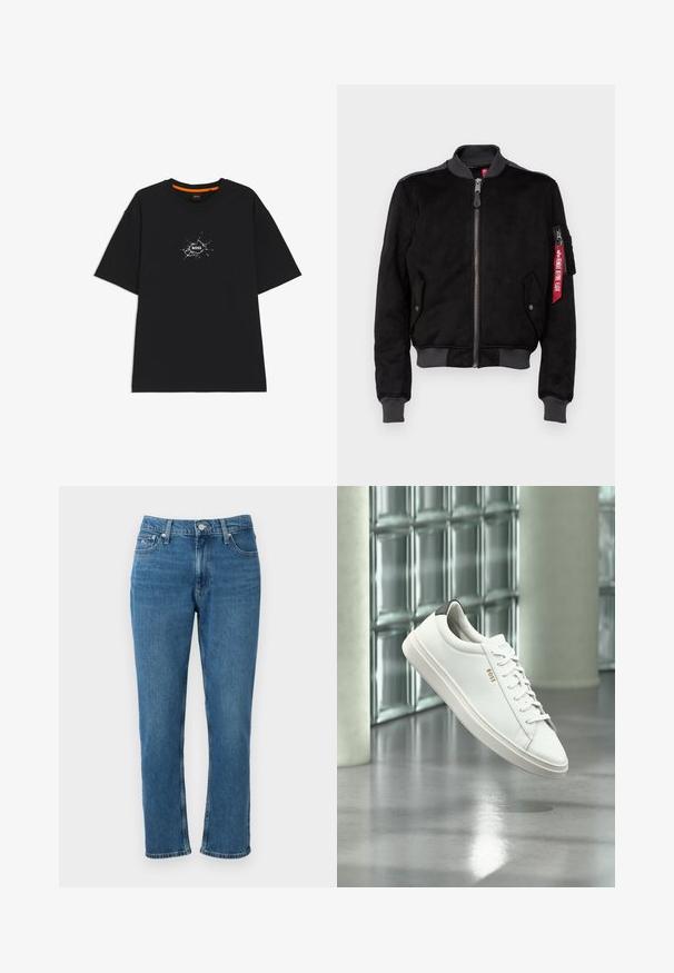 Sort bomberjakke lavet af blødt suede-lignende materiale, med ribbede manchetter og kant, lynlås-lomme med rød mærkedetalje.; Sort T-shirt med korte ærmer og rund halsudskæring, med en hvid, sprække-lignende grafik i midten med ordet "BOSS".; Blå denim jeans med lige ben-design, fem lommer, metalknaplukning og et slidt udseende. Har subtile sydetaljer.; Hvid læder lav-top sneaker med snørebånd, sort hælflig og "BOSS"-logo, svævende indendørs nær glasblok væg og poleret gulv.